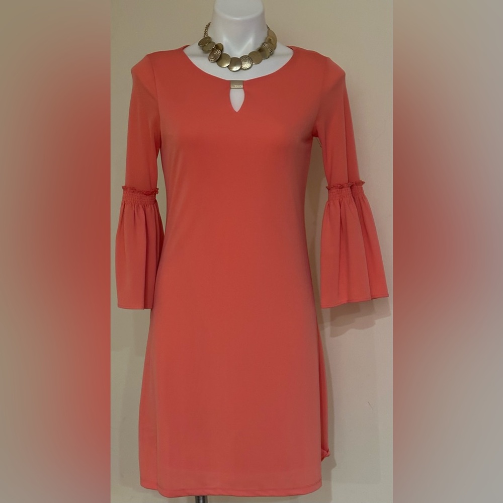 CALVIN KLEIN Coral Sheath Dress Bell Sleeves Peep Hole Front Sz. XS